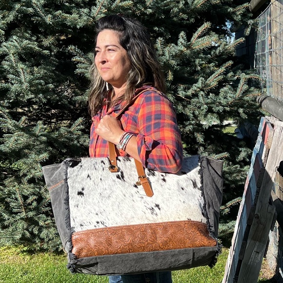Myra Bag Handbags - New🔥Myra Bag genuine Cowhide Canvas Leather Weekender Travel XL Large Tote
